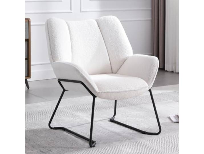 Ya-Home Sessel Wohnzimmer Loungesessel mit Metallgestell, Teddystoff, Weiß modern Lesesessel, warmes Teddystoff, gepolstert Ohrensessel, stabile Metallbeine, hochdichter Schaumstoff