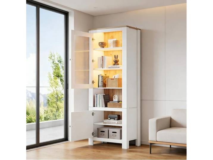 Vitrine Haute Blanc Et Bois Armoire LED FloraGrace Pour Salon Et Sejour Tablettes Reglables 70x40x188cm