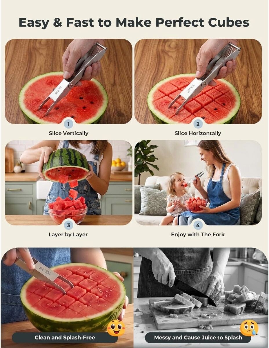 INF Couteau rotatif pour pastèque avec fourchette – Coupe-pastèque 2-en-1 en acier inoxydable 304, diviseur de fruits