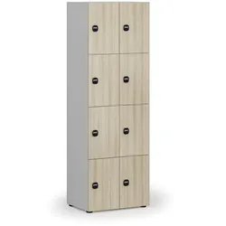 Holzspind S4 mit Ablagefächern, 8 Fächer, zerlegt, RFID-Schloss, grau/Eiche natur
