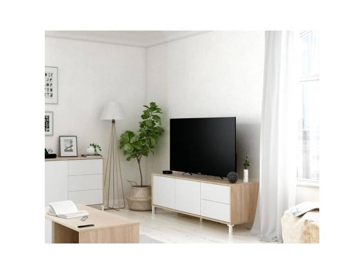 Dmora - Meuble TV Cary Buffet pour télévision avec 2 portes Meuble TV de salon Buffet pour le salon 130x41h47 cm Chêne et Blanc