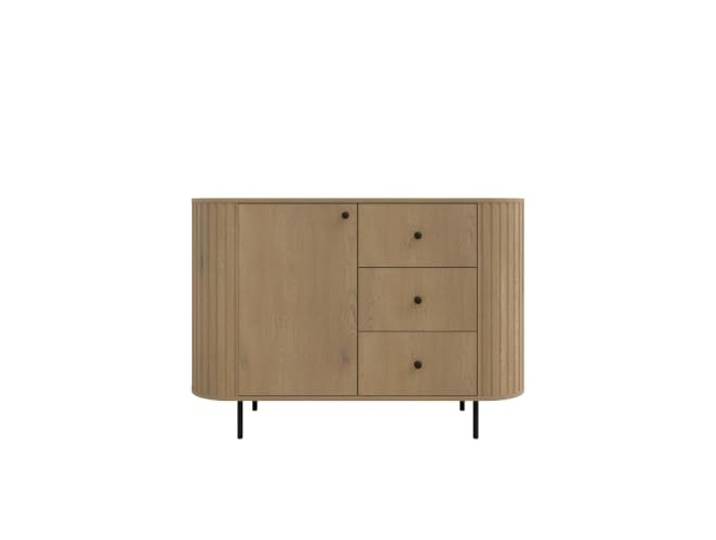 Kommode Ovalio 123X85,4X42,3 cm, mit Regalen und Schubladen, Cremona-Eiche Modern Sideboard mit Geräumige Schränke und Schubladen, Minimalistische Form mit Sorgfältiger Fräsung