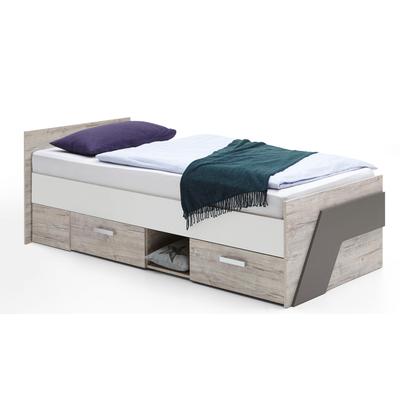Funktionsbett FMD "Nona", rot (sandeichefarben, abgesetzt weiß, lavafarben), B:94,6cm H:52,7cm L:204,5cm, Daybetten, Jugendbett mit zwei Schubkästen, Liegefläche 90 x 200 cm