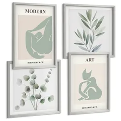 BILDER SET 4er Set - 50x50 cm & 40x60 cm Silberner Rahmen - Pflanzenmotive, zartes Grün