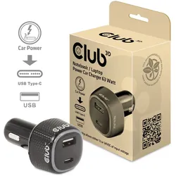 Club 3D NoteBook/Laptop 12V KFZ-Ladegerät 63 Watt USB-A/USB-C