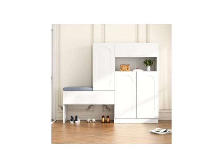 ®RisingFF Meuble à chaussures deux en un à portes courbes portes battantes avec rembourrage banc rembourré blanc 130 x 35 x 110 cm