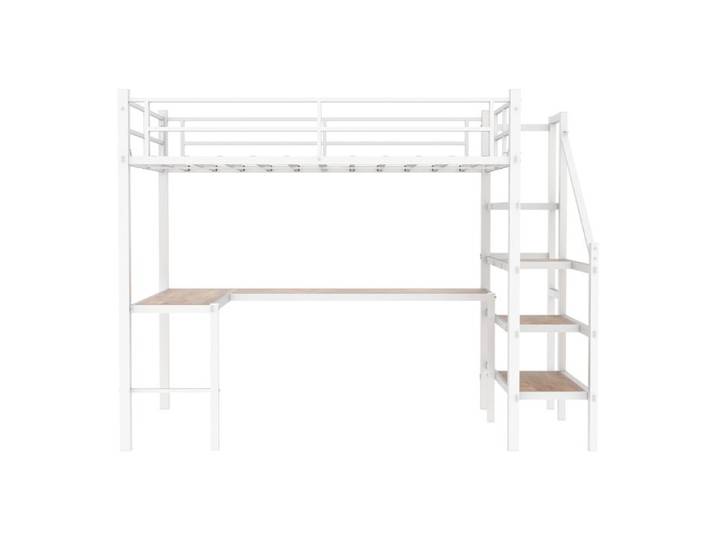 Lit Mezzanine Métal 90x190 cm avec Bureau en L et Étagères - Lit Combiné pour Chambre - Blanc