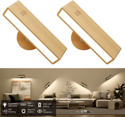 Inspire Picks Nordic Wooden Magnetic LED Wall Lamp 360 Rotating Dimmable Cordless Reading Sconce 2pcs Beech Wood