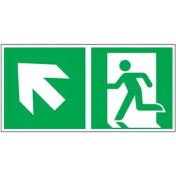 Rettungswegschild mit Pfeil oben links