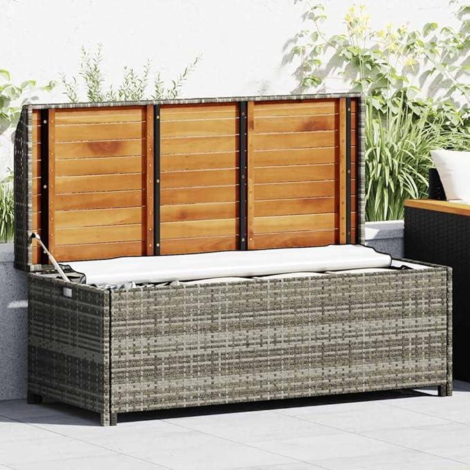 Gartenbank mit Stauraum 120 cm Poly Rattan Grau, wetterfeste Sitzgelegenheit mit Aufbewahrung, Akazienholz und Stahlrahmen für Terrasse Balkon und Vorgarten