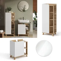 Vicco Badmöbel-Set Karen, Sonoma Weiß, moderne Badezimmerserie, 2 Farben, Waschtischunterschrank, Badspiegel, Midischrank
