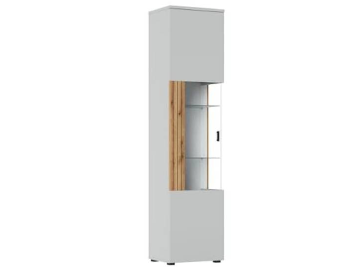 möbelando Glasvitrine >Alverno< in Asche/Coast Evoke Eiche Lamelle-Dekor - 50x208x40 (BxHxT)