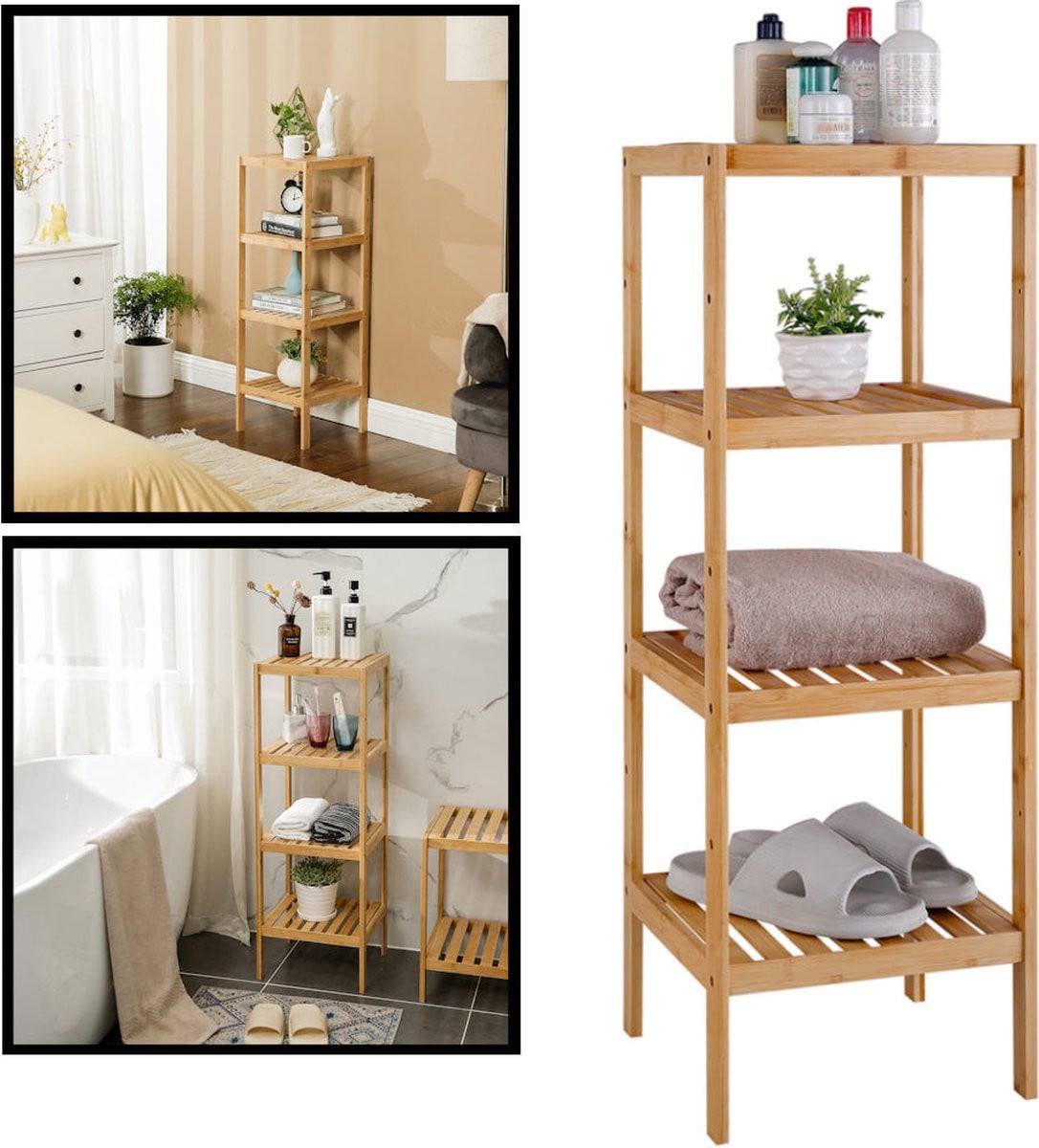 Multifunctioneel bamboe opbergrek met 4 verstelbare etages voor badkamer of keuken