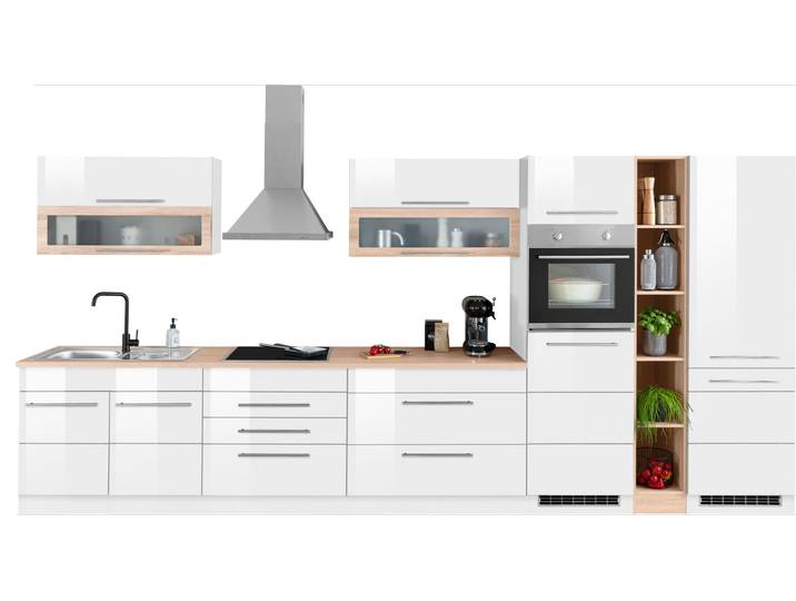 Küchenzeile, Spanplatte, Weiß Hochglanz mit Eiche Sonoma, 430×60 cm, Mit Elektrogeräten, Modern, Kochstation