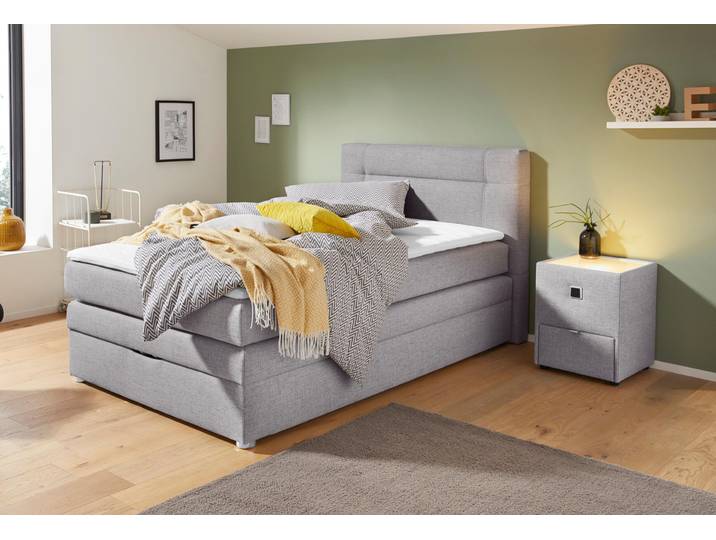 Boxspringbett, Strukturstoff, Grau 134×217 cm, Mit Bettkasten & Topper, Jockenhöfer Gruppe Carmen