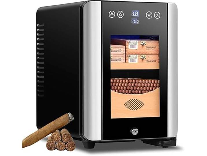 8L Zigarren-Humidor-Schrank, elektrischer Zigarren-Humidor-Kühler mit Regal und Schublade aus Zedernholz, Temperaturregelung, Tür aus gehärtetem Glass, kleiner Zigarren-Humidor für 100 Zigarren