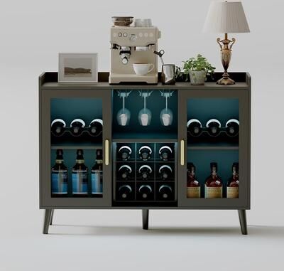 Garvee Freestanding Wine Bar Cabinet with LED & Glass Door