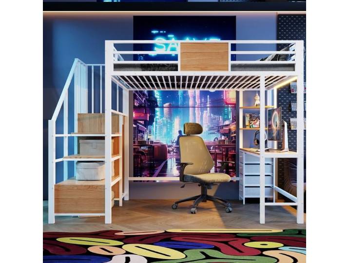 Bladez - Lit mezzanine 140 × 200 cm lit ado avec bureau étagères penderie et éclairage LED idéal pour petite chambre - Noir