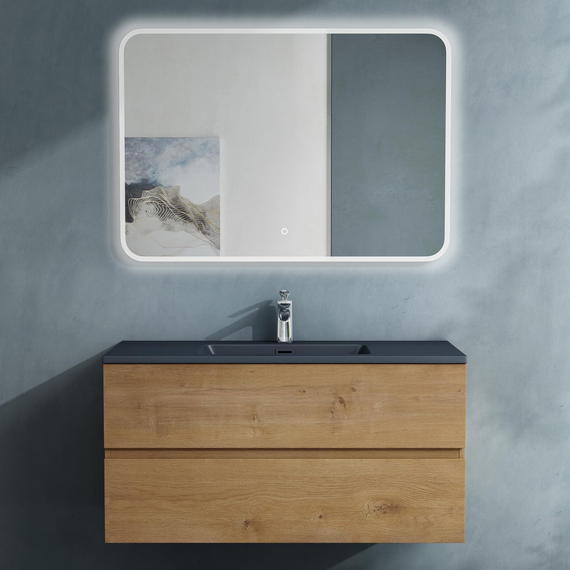doporro Badmöbel-Set Waschbecken-Unterschrank Badezimmer Waschtisch mit Unterschrank BTH: 100x48x50 cm in Kerneiche inkl. matt Anthrazit Mineralguss-Waschbecken und LED-Spiegel Aqualis