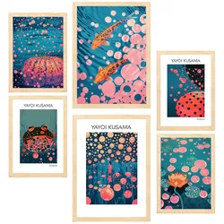POSTER Set Mit 6 Yayoi Kusama Japanischer Kürbisfisch A3 & A4 Rahmen Aus Hellem Holz