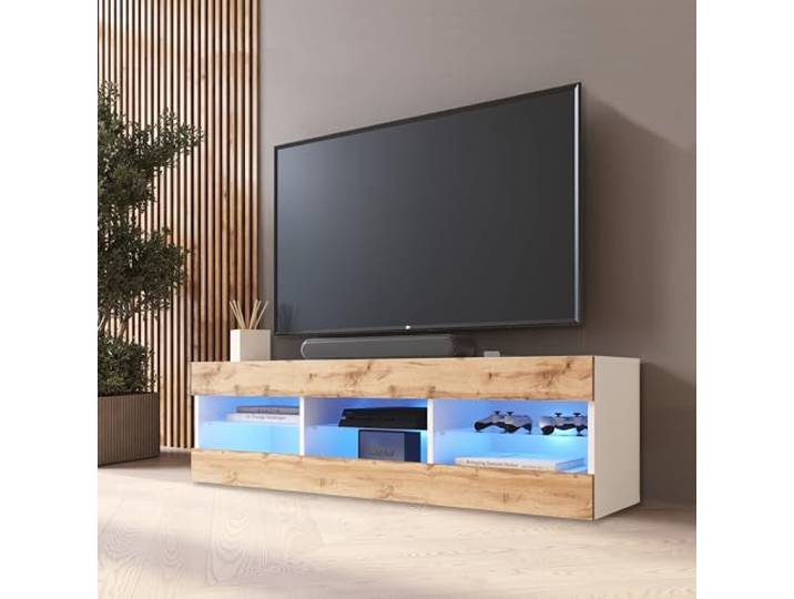 Komodee TV Schrank Tivoli A1 Weiß/Eiche 140x40,5x35,5 cm Komodee TV Schrank Tivoli, Wotan/Weiß, Breite 140cm x Höhe 40,5cm x Tiefe 35,5cm, LED Blau, für Wohnzimmer, Schlafzimmer