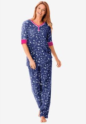 Plus Size Women's Printed Henley PJ Set by Dreams & Co. in Evening Blue Stars (Size L) Pajamas