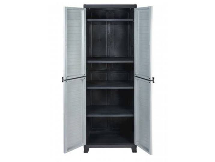 Kreher Kunststoffschrank Elite, hohe Version, 4 verstellbare Einlegeböden Abschließbar mit je 20 kg Tragkraft pro Boden, für Keller und Garage, in Schwarz/Grau