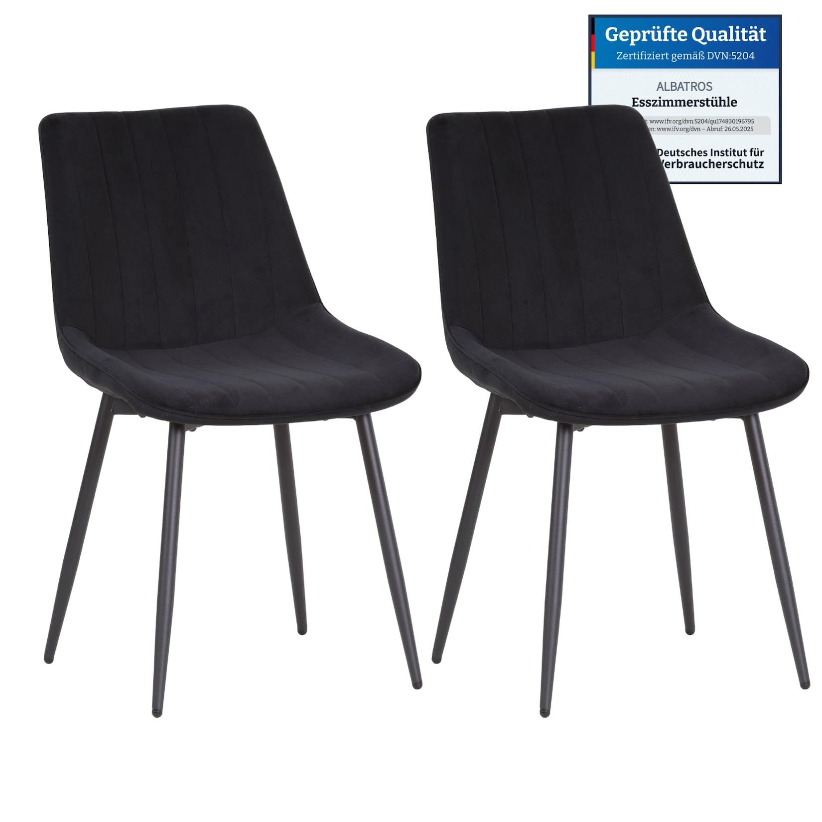 Albatros BOSA Samtstuhl Schwarz – 2er-Set Esszimmerstühle im modernen Retro-Design, gepolstert & ergonomisch, DEKRA-geprüft, pflegeleichter Bezug