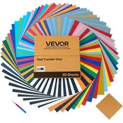 VEVOR Vinylfolie Wärmeübertragung Transferfolie (304,8 x 304,8 mm) 80 Blätter, verschiedene Farben, Plotterfolie kompatibel mit Schneidemaschinen, Aufbügelfolie für T-Shirts Kissen Hüte