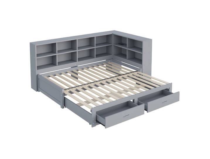 Lit gigogne en pin gris 90/180 x 190 cm avec rangement