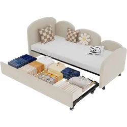 Blumenform Daybed 90x200 cm Beige mit Samtbezug und Schublade, Massivholzrahmen für Kinderzimmer und Gästezimmer