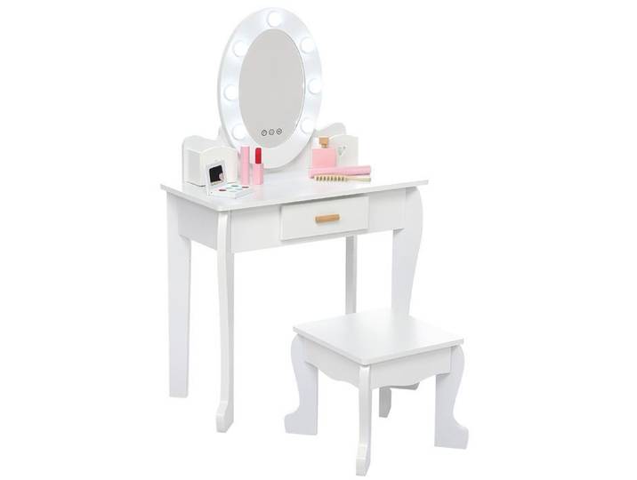 Coiffeuse enfant avec miroir LED tactile lumineux table maquillage bois tabouret princesse 4-9 ans Blanc