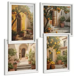 BILDER SET 4er Set - 50x50 cm & 40x60 cm Weißer Rahmen - Terrasse mit Zitrusbäumen