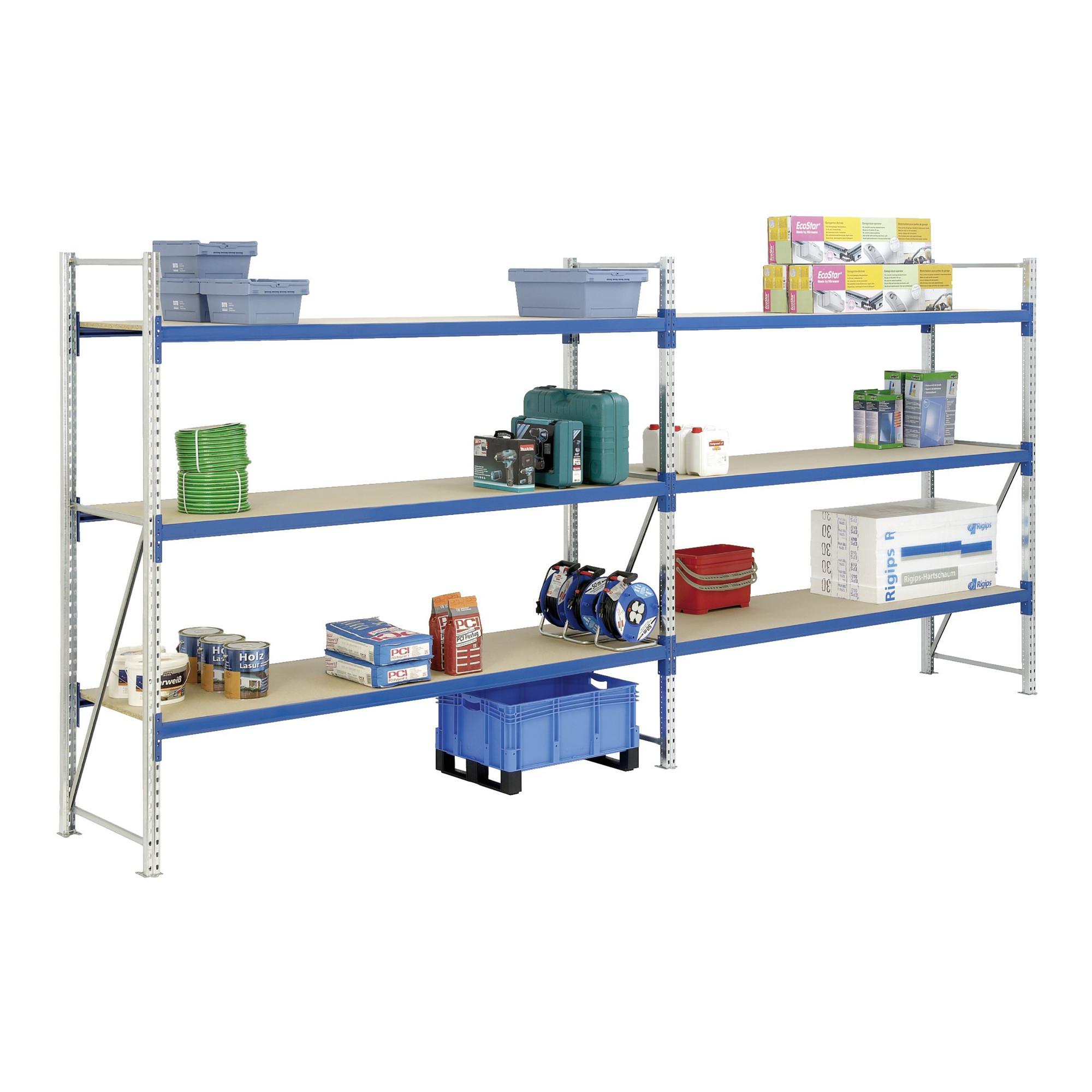 Bito Weitspannregal Set / F2 Anbaufeld 4 Ebenen H2500xT800xB2200 mm, Spanplatte enzianblau (44211)