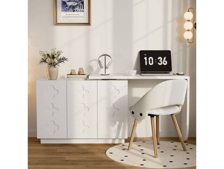ROVRYN Bureau rotatif 360° avec meuble de rangement 3 portes MDF blanc
