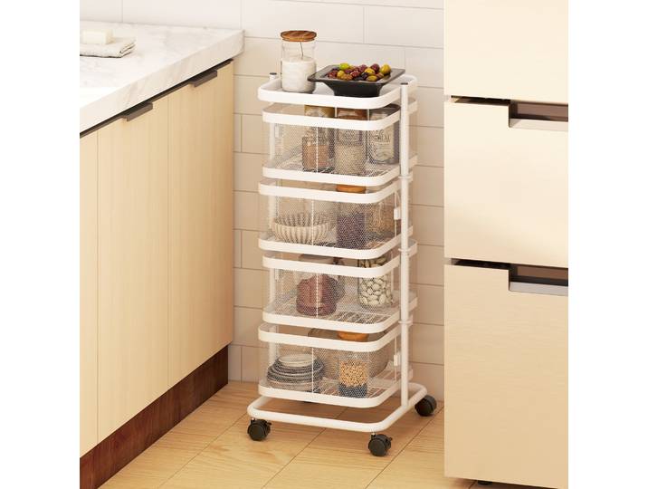 HOMCOM Chariot à Légumes 4 Paniers Rotatifs Métal Blanc 33x33x77cm