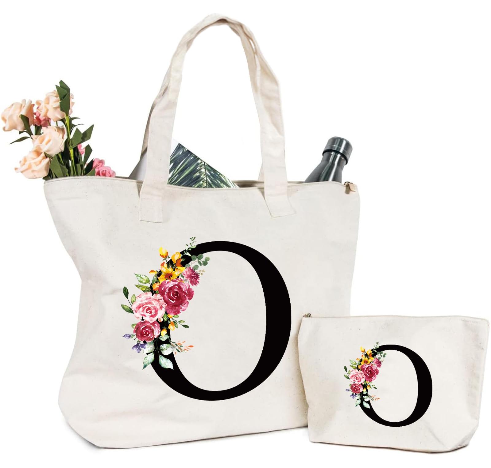Linnen Tasche mit Initialen - Blumenmuster und praktische Fächer - Modell ASD37