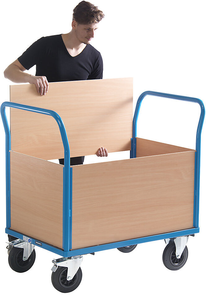 Plattformwagen mit Holzwänden, mit 4 hohen Wänden, LxB 1350 x 800 mm, Vollgummi eurokraft pro