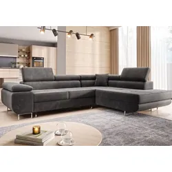 M-Punkt Wohnlandschaft Ecksofa MIAMI Samt Grau mit Bett Bettkasten Kopfteilverstellung Bett Sofa Schlafsofa Ottomane rechts