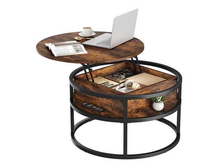 Tables basses pour salon, table basse ronde avec plateau relevable et compartiment caché, petite table basse ronde rustique, table centrale en bois