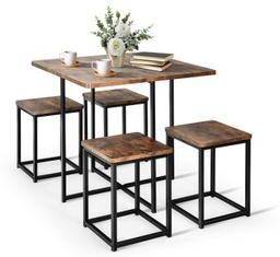 Costway 5 Pieces Metal Frame Dining Set with Compact Dining Table and 4 Stools-Walnut