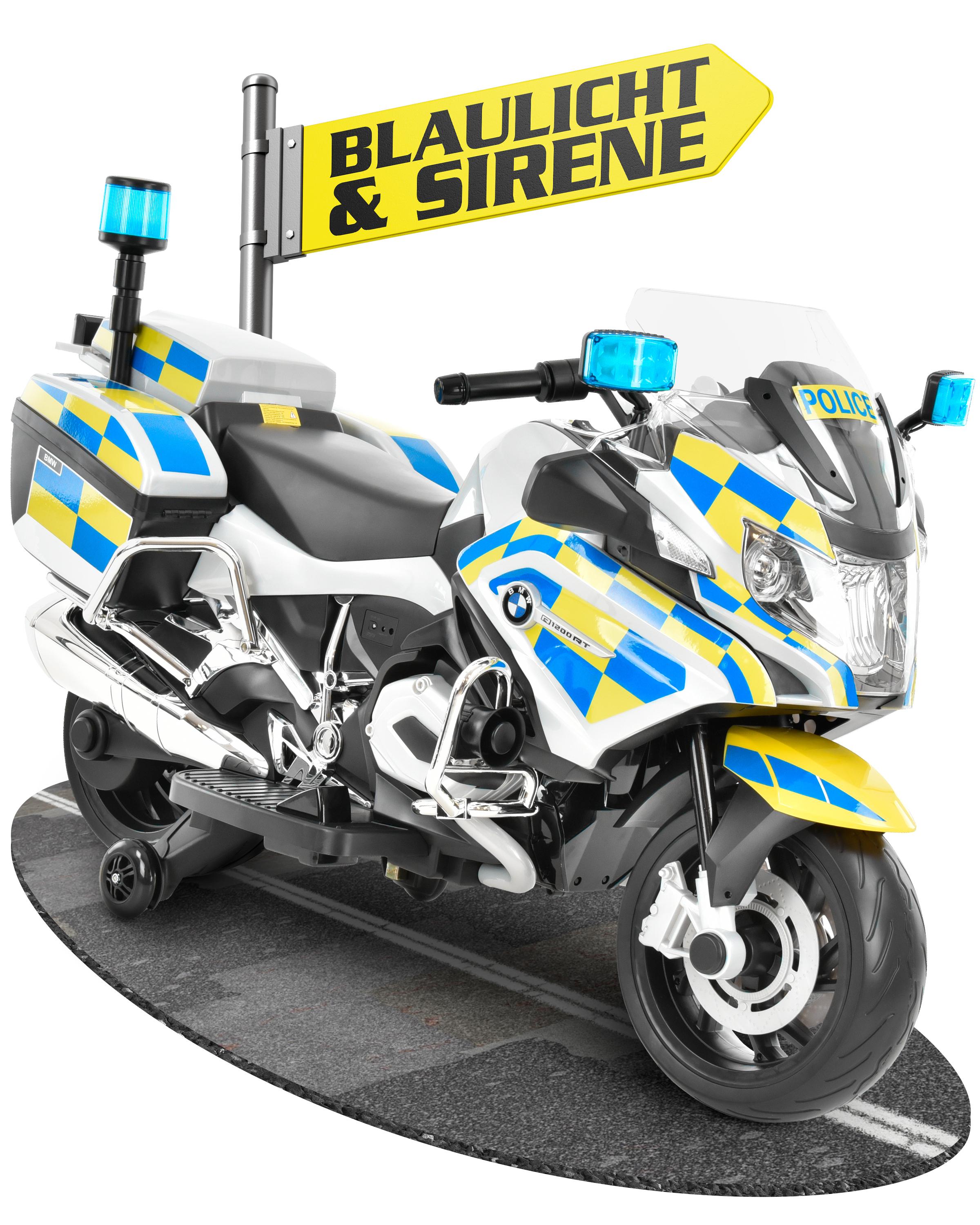HECHT Kinder Motorrad | BMW R1200RT Polizei | bis 6km/h | 35W | mit Stützräder | Koffer | Radio | Blaulicht | Sirene
