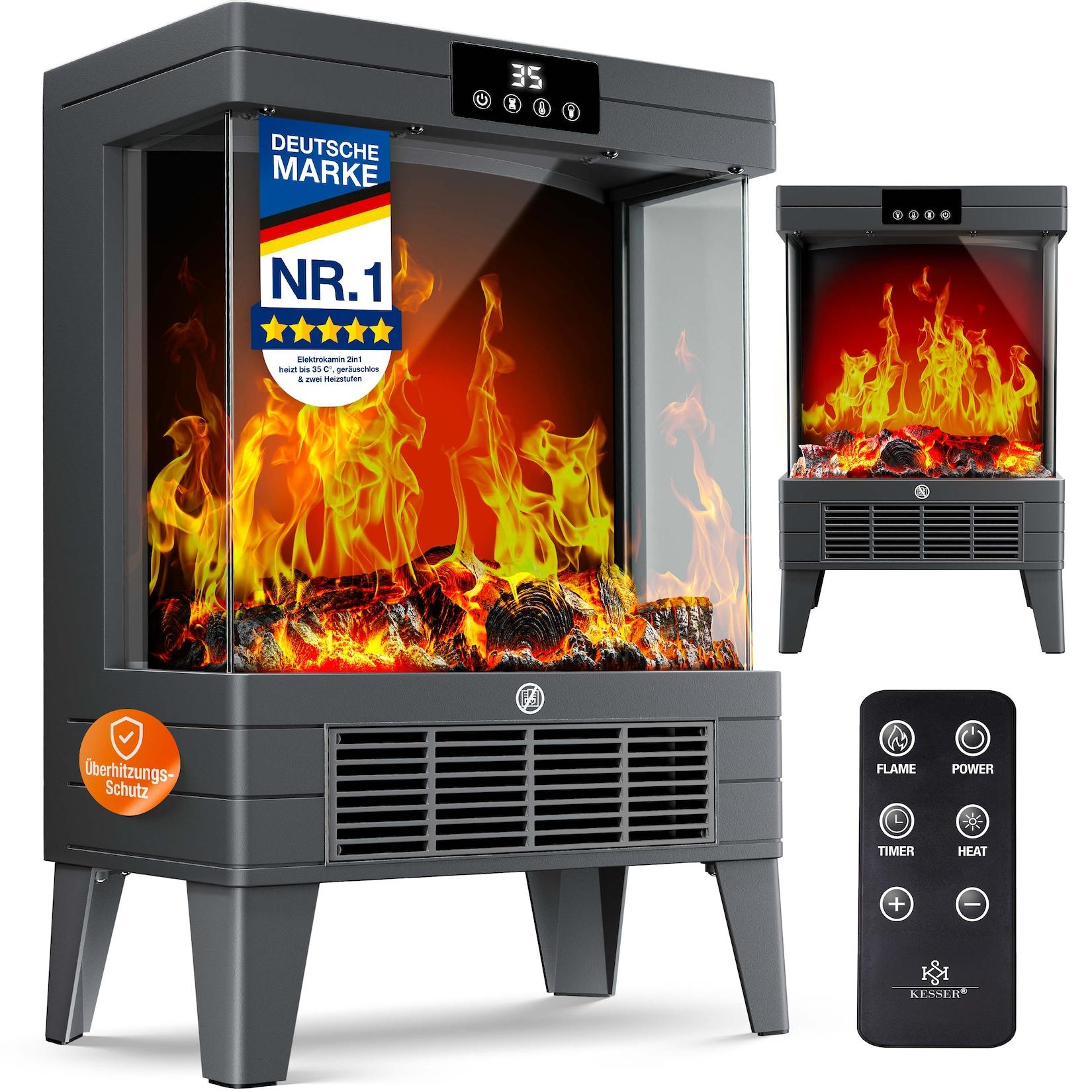 KESSER® LED Kamin Arvo mit Heizung elektrisch Kaminheizung Elektrokamin Standkamin mit realistischem Feuer -/ Flammeneffekt per Fernbedienung, Timer Überhitzungsschutz Zwei Heizstufen, 1800W