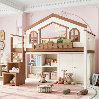 GREATPLANINC Wooden Loft Bed House Bed with Underbed Storage Stairs Cabinet Open Shelf