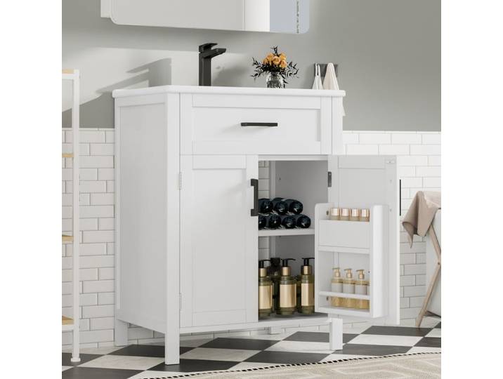 Meuble Sous-Vasque -60cm - Vasque Intégrée & Tiroir Basculant - Rangement de Porte - Blanc & Noir