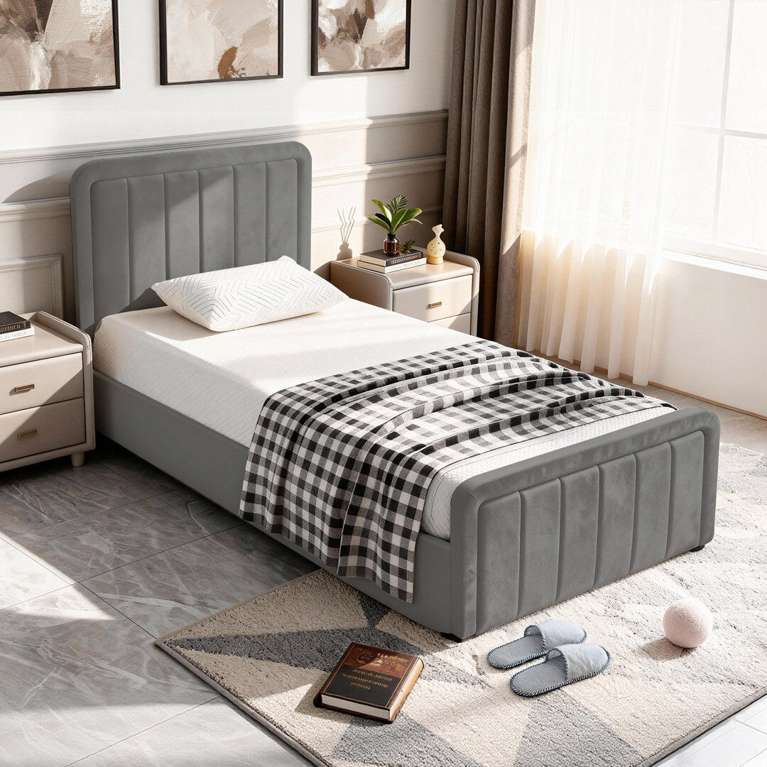 Wade Logan Altgeld Upholstered Velvet Lift Up Storage Bed Medium Grey Single (3')