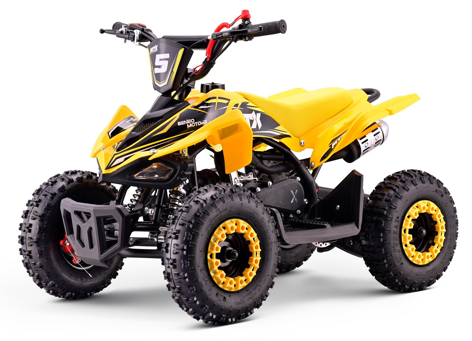 Benzin-Quad für Kinder Beneo Motors MTX 49 cc - Gelb, Kinderquad mit Zweitaktmotor, Automatikgetriebe, Scheibenbremsen, Elektro- und Seilzugstart, Geschwindigkeitsbegrenzung