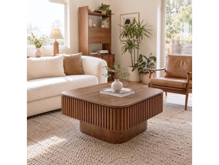 75 cm Moderner Quadratischer Couchtisch mit Stauraum, Holzoptik,Walnuss Moderner Sofatisch & Couchtisch quadratisch mit Fluted Design, abnehmbarem Deckel & verstecktem Stauraum für Wohnzimmer