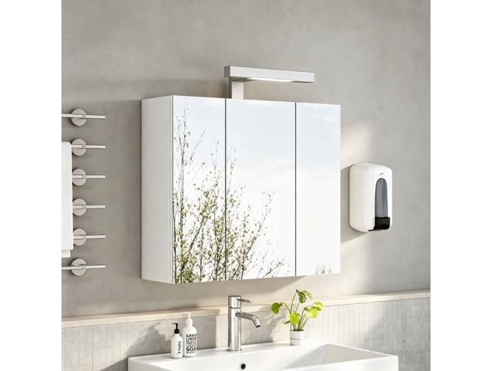 Armoire de Salle de Bain Murale 3 Portes Miroir avec LED et Prise Schuko en MDF et Verre 60×18×52 cm Blanche
