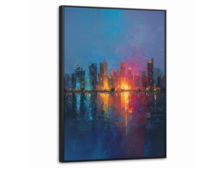 MuchoWow Leinwand Bilder mit Rahmen - Skyline - Pinselstriche - Dunkelblau - Leuchtend - 50x70, Blau, Rechteckig, 50x70 cm, gerahmt, Bilder & Rahmen, Bilder, Leinwandbilder
